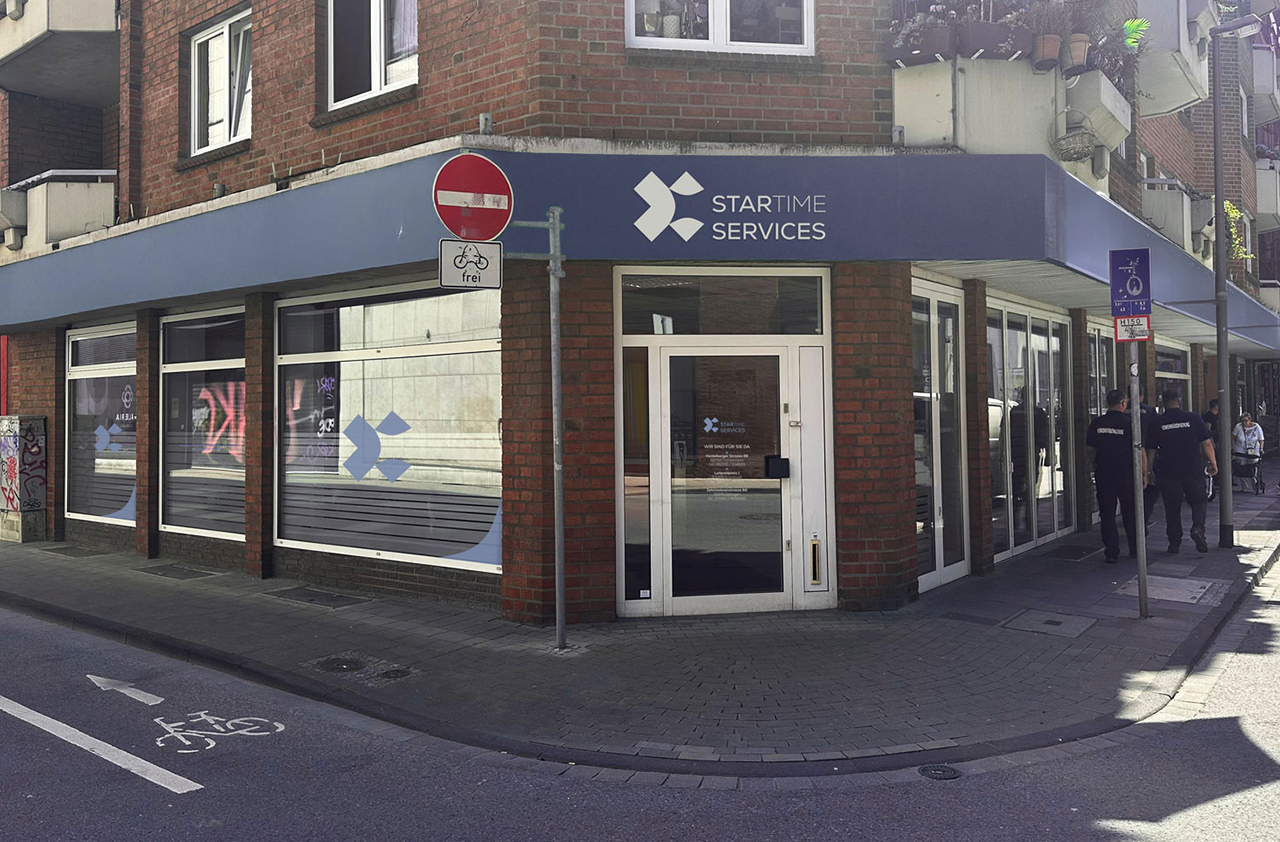 Eckgebäude der STARTIME Services Niederlassung in Duisburg mit gut sichtbarem Firmenschild.