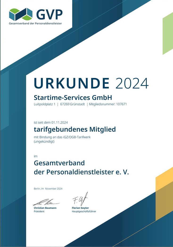 Official GVP certificate 2024 for STARTIME Services, confirmation of membership in the Gesamtverband der Personaldienstleister e. V.