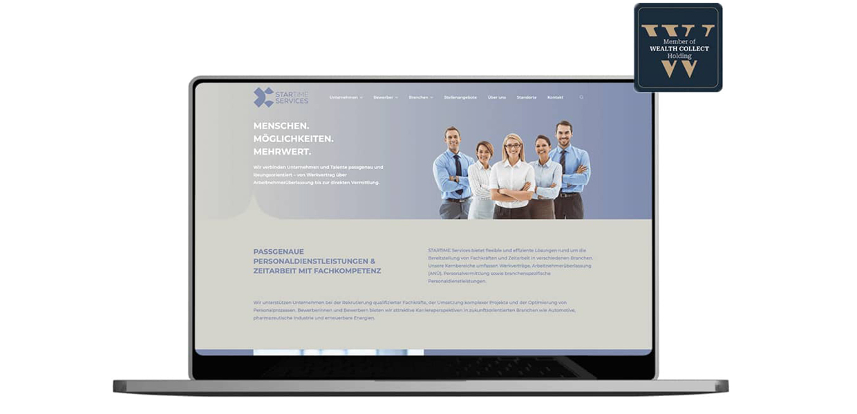 Laptop mit neuer Website von Startime Services zeigt den modernen Markenauftritt des Personaldienstleisters