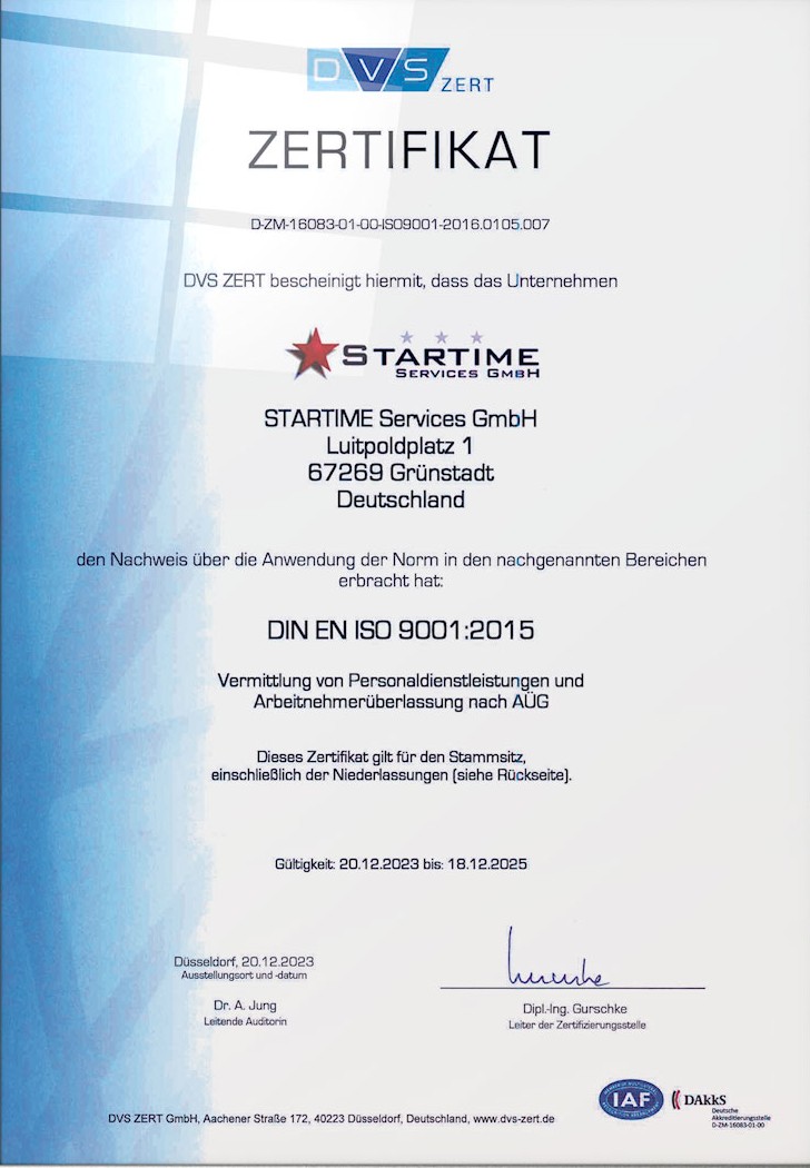 Official DIN EN ISO 9001:2015 certificate for STARTIME Services, proof of quality management and continuous process optimisation.