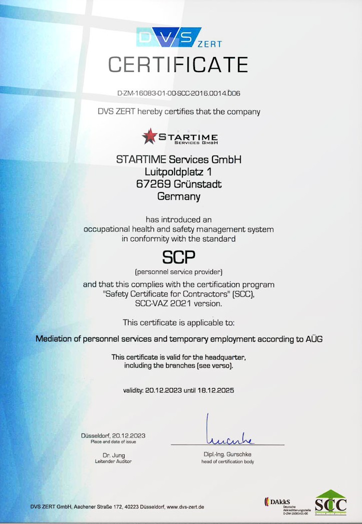SCP / SCC safety certificate from STARTIME Services, proof of occupational safety, health and environmental standards in the workplace.